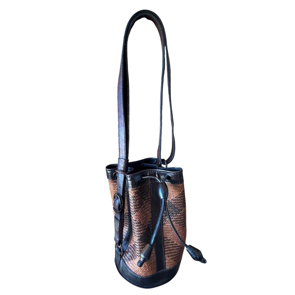 Woven Leather Drawstring Bucket Bag Brown Black Shoulder Bag Handbag Basket - Picture 4 of 10